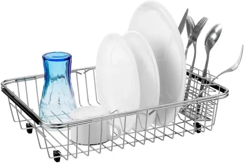 Miniatura 6 de SANNO Escurridor de platos con soporte para utensilios de acero inoxidable, escurridor grande para platos, estante expandible para fregadero o sobre
