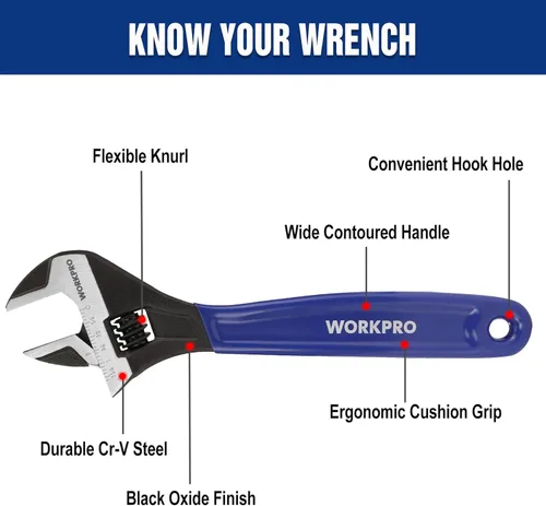 Miniatura 2 de WORKPRO Llave ajustable de 10 pulgadas, llave de mandíbula ancha de acero Cr-V con óxido negro, escalas métricas y SAE, para el hogar, garaje, Azul