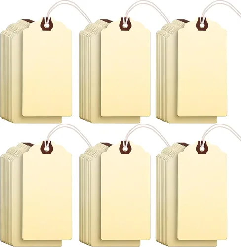 Outus 60 etiquetas de regalo de papel en blanco grandes de 4 3/4 pulgadas x 2 3/8 pulgadas con cuerda y alambre de ojales reforzados, etiquetas de
