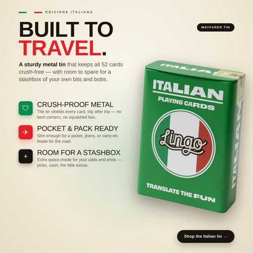Miniatura 3 de Lingo Naipes italianos en lata de viaje premium Aprende vocabulario y frases italianas para adultos y principiantes Edición de caja de regalo