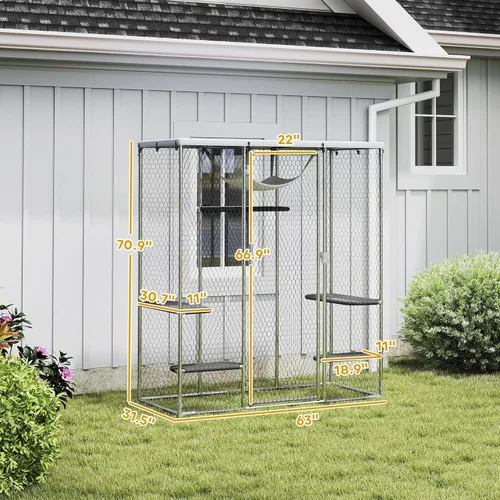 Miniatura 7 de PawHut Catio - Caja grande para gatos al aire libre, patio para gatos de acero galvanizado para múltiples gatitos, jaula para gatos al aire libre