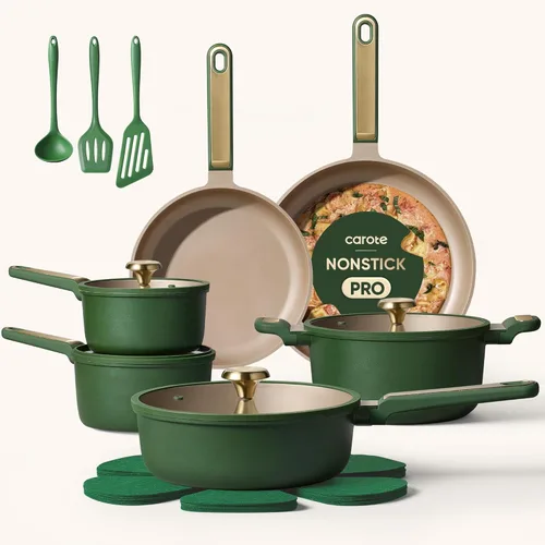CAROTE Juego de ollas y sartenes, juego de utensilios de cocina antiadherentes, juego de cocina listo para inducción, no tóxico, verde