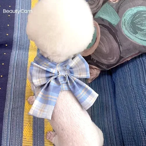 Miniatura 4 de Conjunto de Vestido a Cuadros para Perro con Corbata de Moño, Arnés y Correa, Ropa para Perro Vestido con Arnés con Anilla para Correa para Perros