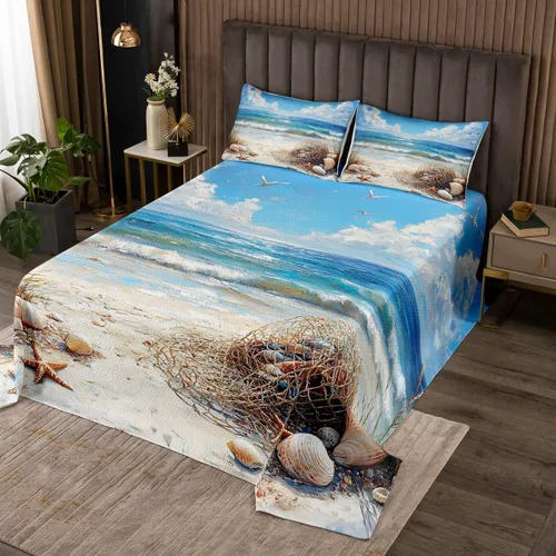 Miniatura 6 de Erosebridal Juego de colcha náutica, juego de edredón de lancha de vela, faro, acuarela con temática oceánica, juego de ropa de cama de verano