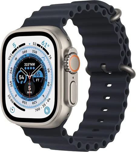 Apple Reloj inteligente Ultra [GPS + celular de 1.929 in] con caja de titanio resistente y banda de medianoche del océano. Monitor de fitness, GPS