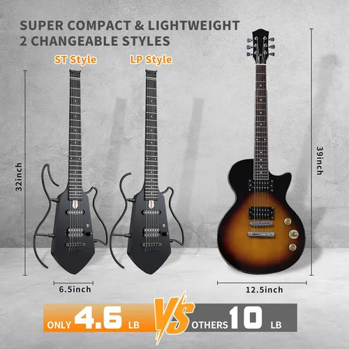 Miniatura 2 de Mini guitarra eléctrica de viaje, pequeña guitarra ligera sin cabeza para práctica, cuerpo sólido compacto portátil fácil de montar con soportes