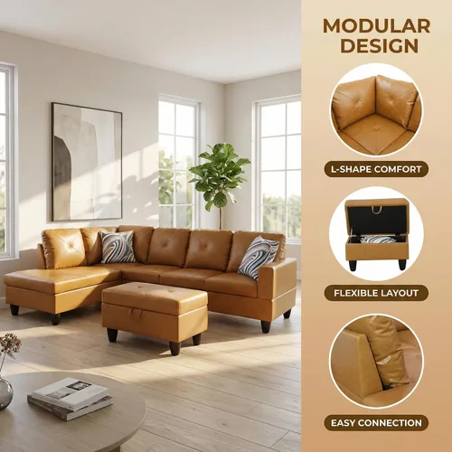Miniatura 4 de Sofá modular de cuero en forma de L de 3 piezas – Sofá modular convertible con diván móvil y otomana de almacenamiento, uso multiescenario para sala
