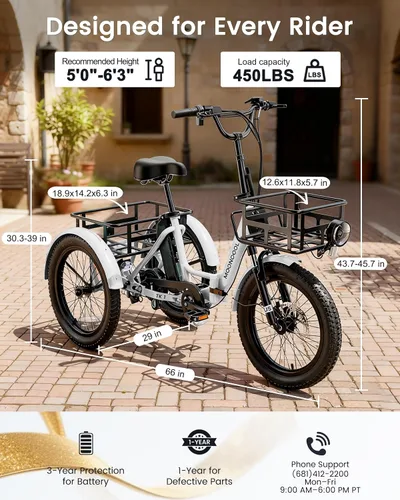 Miniatura 8 de MOONCOOL Triciclo eléctrico para adultos, 500 W/750 W 48 V, triciclo eléctrico plegable de potencia máxima 1100 W, neumático grueso de 20 x 3.0