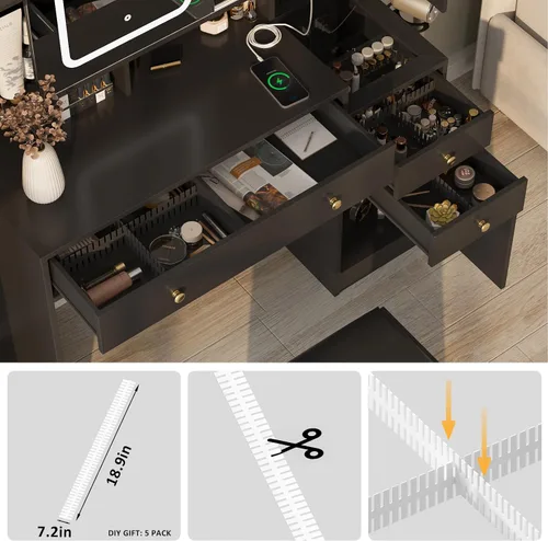 Miniatura 5 de Halitaa Escritorio de tocador con espejo y luces, mesa de tocador con parte superior de cristal, tocador de maquillaje con luces, estación de carga