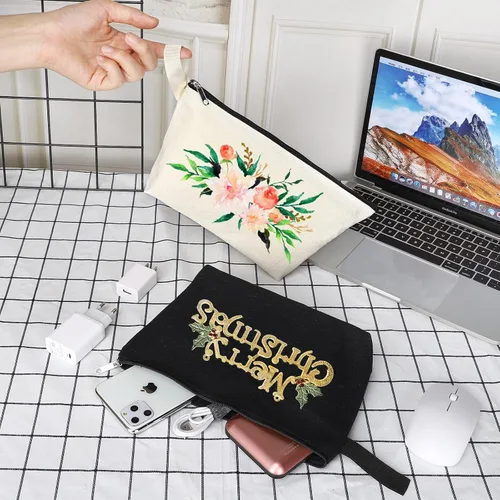 Miniatura 4 de 10 bolsas de maquillaje de lona de algodón con parte inferior y correa, bolsa de cosméticos multiusos con cremallera, bolsa de aseo de viaje, bolsa