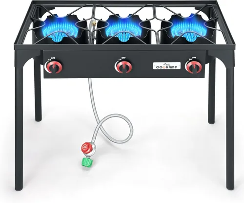 Miniatura 7 de COOKAMP - Estufa de camping portátil de doble quemador de propano de alta presión con regulador ajustable de 0-20 PSI y manguera de acero trenzada