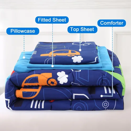 Miniatura 6 de Juegos de ropa de cama para niños pequeños con temática de autos de 4 piezas azules para niños, incluye juego de sábanas y edredón con temática