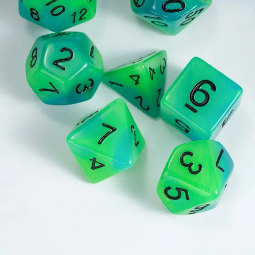 Miniatura 8 de Dados DND que brillan en la oscuridad, 7 piezas de troqueles poliédricos luminosos con bolsa de troquel de cuero, dados D&D brillantes