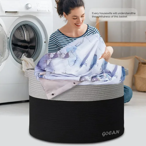 Miniatura 5 de GOCAN Cesta de almacenamiento extragrande para lavandería, 22 x 22 x 14 pulgadas, cesta tejida de cuerda de algodón para manta con asas para sala