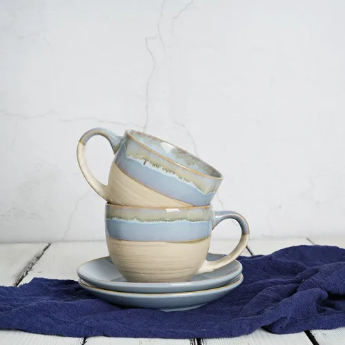 Miniatura 6 de Bosmarlin Juego de 2 Tazas de Capuchino de Cerámica y Platillo, 10 Oz, Tazas de Café para Café con Leche, Espresso, Té, Aptas para Lavavajillas
