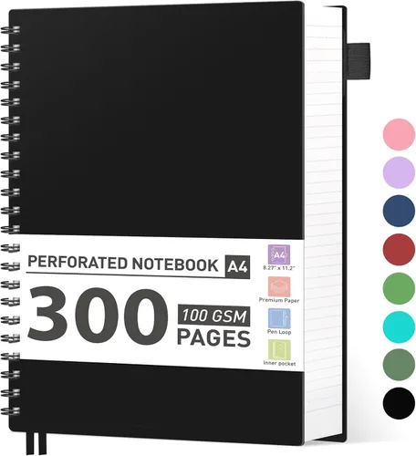 AHGXG Cuaderno espiral rayado para universidad - Cuaderno espiral perforado A4 de 8.5" x 11", 300 páginas con páginas perforadas fáciles de rasgar,