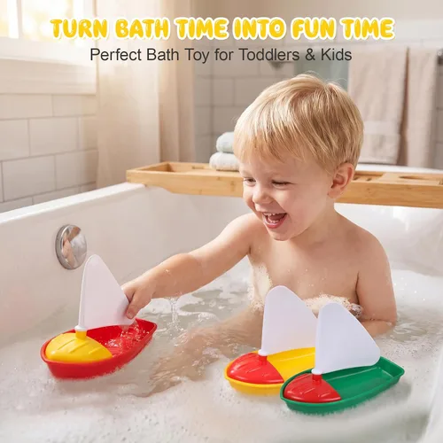 Miniatura 2 de Toyvian Barco y velero de juguete de baño, 3 piezas para niños pequeños, sin moho, pequeños barcos de plástico para bañera, juguetes acuáticos