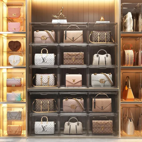 Miniatura 5 de Organizador de bolso para armario, organizador de almacenamiento de bolso, caja de exhibición apilable con puerta magnética, vitrina acrílica