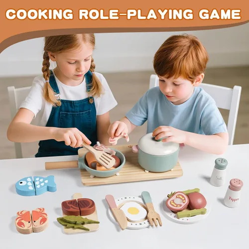 Miniatura 6 de Accesorios de cocina de juguete de madera, juegos de ollas y sartenes de simulación para juego de cocina de niños con estufa de juguete