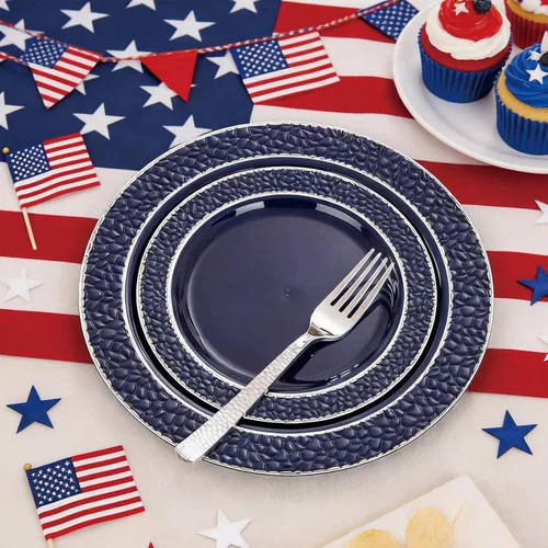 Miniatura 2 de Ciaell 150 platos de plástico azul y plateado – El plato desechable azul incluye 50 platos, 25 cuchillos, 25 tenedores, 25 cucharas, 25 tazas
