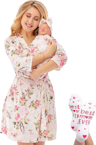 Miniatura 17 de ECO BABY - Conjunto de bata y manta para mamá y yo Bata de maternidad y conjunto de bebé a juego para niña, niño Parto hospitalario y parto