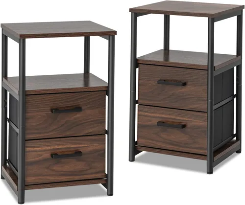 Miniatura 9 de Giantex Mesita de noche, mesita de noche con 2 cajones de tela y estante de madera abierto, mesa auxiliar con cubos de tela, marco de metal