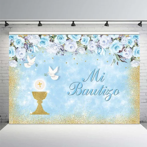 MEHOFOND Mi Bautizo - Telón de fondo para fiesta de bautismo para niños, fondo de fotografía de fondo dorado con texto en inglés "Bless Bles", Azul