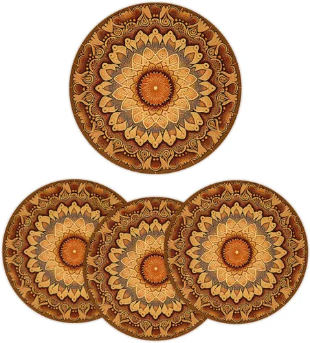 Juego de 4 manteles individuales redondos, manteles individuales tejidos con mandala dorados, antideslizantes, resistentes al calor, lavables,