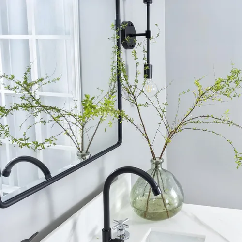 Miniatura 5 de TEHOME Espejo rectangular horizontal de estilo rústico con marco de metal negro y pivote redondeado para baño, espejos de tocador biselados 2-Negro