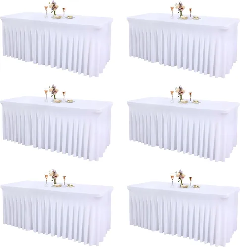 Miniatura 33 de Paquete de 2 manteles color azul bebé para mesa rectangular de 4 pies, manteles de elastano elásticos de 4 pies, falda blanca rectangular para baby