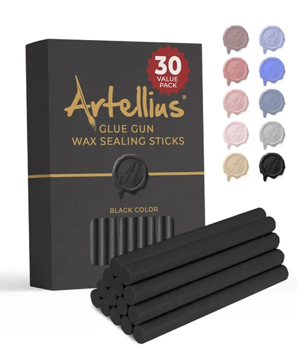 Artellius Varillas de cera de sellado, paquete de 30, 4 x 0.3 pulgadas, color negro, pistola de pegamento y velas compatibles con sellos de cera