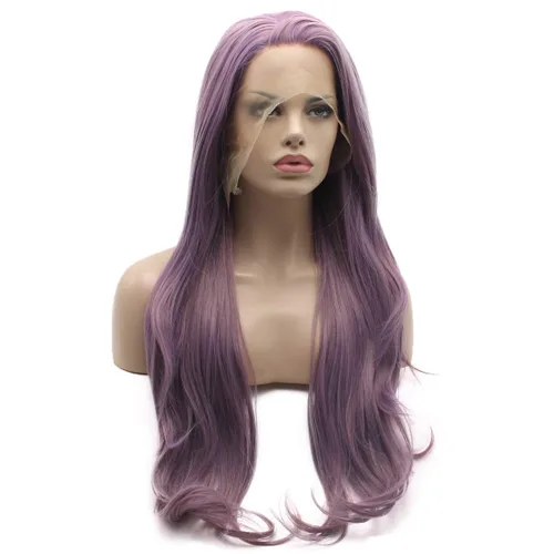 Miniatura 2 de Lushy Peluca de cabello sintético con encaje frontal, ondulada, larga, de 26 pulgadas, mezcla morada, peluca de densidad completa, resistente al