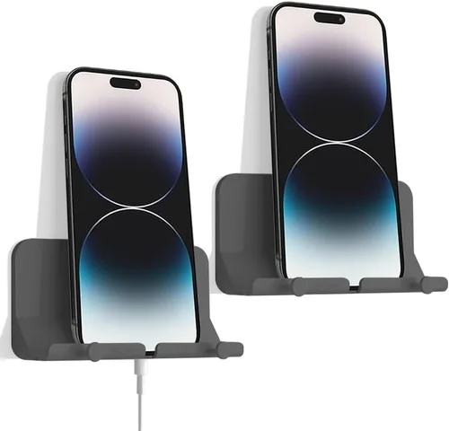 Soporte de pared para teléfono, soporte adhesivo manos libres D2 con agujero para cable y ganchos, soporte de teléfono celular montado en la pared