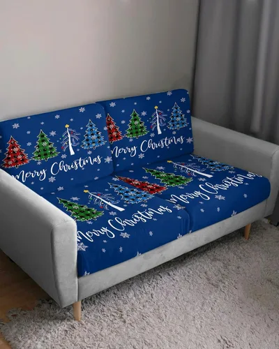 Miniatura 3 de Navy Blue Christmas Couch Cushion Covers, Stretch Sofa Cover with Elastic Bottom, Xmas Tree Winter Snowflake Sofa Slipcovers Protector Washable