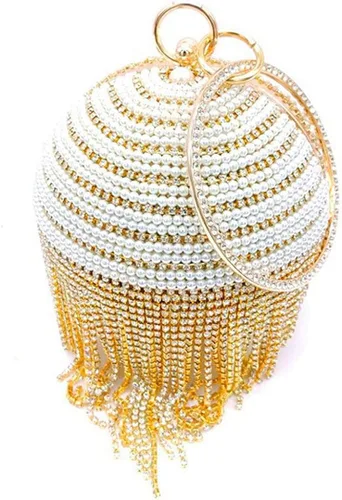 Miniatura 5 de QZUnique Bolso de mano redondo con borla de cristal y perlas asa redonda para boda bolso de hombro