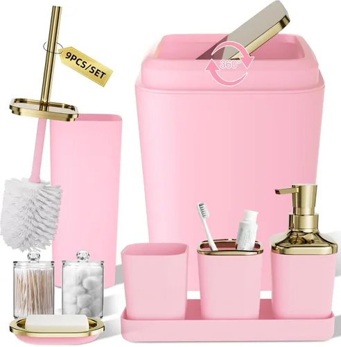 Miniatura 29 de XLHOMO - Juego de baño beige de plástico de 9 piezas, con basurero, dispensador de jabón, portacepillos de dientes, vaso, jabonera, cepillo