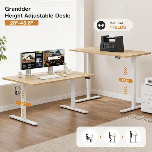 Miniatura 7 de Grandder 55x32 Escritorio Eléctrico Grande de Pie, Escritorio de Computadora con Altura Ajustable con 2 Ajustes de Memoria, Escritorio de Pie