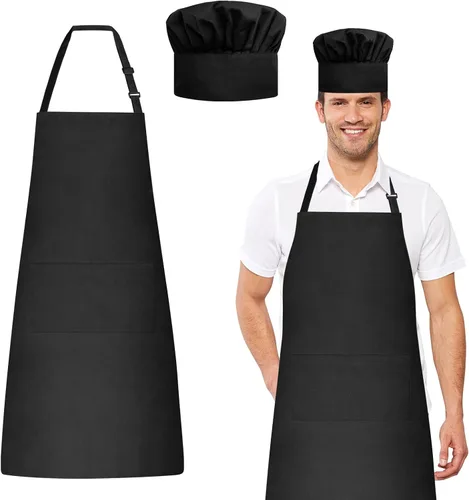 Juego de delantal y sombrero de chef, sombrero de chef y delantal de cocina con bolsillos delanteros para adultos