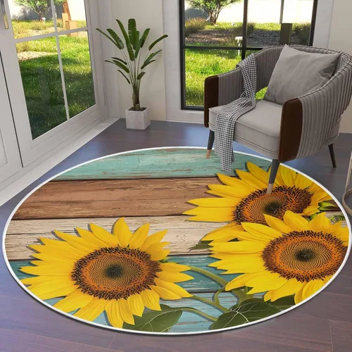 Alfombra redonda de girasol verde azulado de 3 pies, lavable para interiores y exteriores, para dormitorio, cocina, baño, sala de estar, casa de