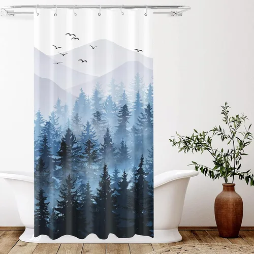 Miniatura 2 de Accnicc Stall - Juego de cortinas de ducha pequeñas de bosque brumoso azul degradado, montaña, pino, cortinas de ducha de tela impermeable