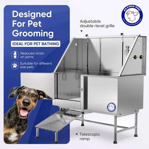 Miniatura 6 de Flying Pig Grooming bañera profesional de acero inoxidable para aseo de mascotas, bañera con grifo, rampa y accesorios, 50 pulgadas.