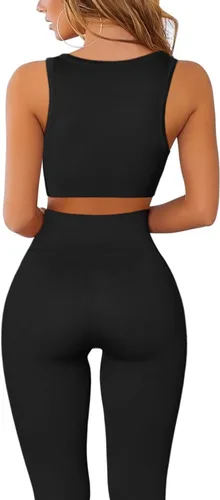 Miniatura 2 de QINSEN Conjuntos de entrenamiento para mujer, 2 piezas, acanalados, sin costuras, sin mangas, cintura alta, leggings de yoga