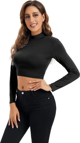 Miniatura 3 de Camisetas cortas de manga larga para mujer, ligeras, con cuello alto falso, capa base