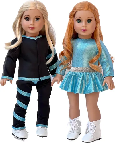 Super Skater - Ropa para muñecas de 18 pulgadas, 2 trajes completos de patinaje sobre hielo, 5 piezas, leotardo, falda, pantalones, chaqueta y 1 par