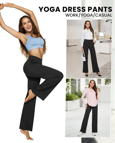 Miniatura 3 de G4Free Pantalones de pierna ancha para mujer, pantalones de vestir de yoga con bolsillos, cintura alta, pantalones deportivos casuales de trabajo