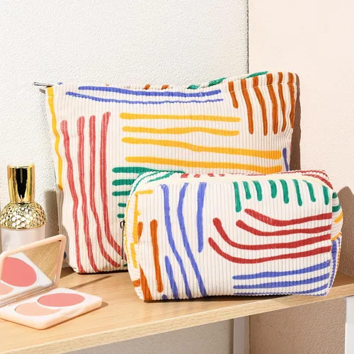 Miniatura 5 de SOIDRAM 2 Piezas de Bolsa de Maquillaje a Rayas Grande, Bolsa de Cosméticos de Cordura de Gran Capacidad, Bolsa de Lona Mixta de Artículos de Rayas