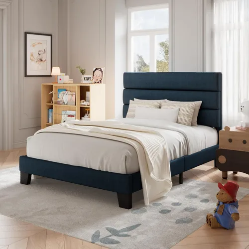 Miniatura 27 de Allewie - Base de cama de plataforma matrimonial con cabecera tapizada de tela y soporte de listones de madera, base de colchón totalmente tapizada