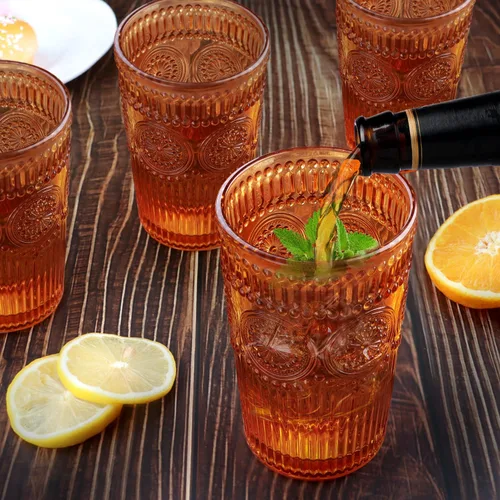 Miniatura 3 de Loivttvv Juego de 6 vasos de bebida vintage, vasos de Highball de 12 oz / 354.83 ml en ámbar, vasos de cristal acanalados con relieve para cóctel
