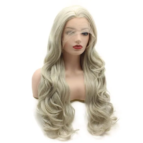 Miniatura 2 de Peluca de cabello ondulado largo de 26 pulgadas, dos tonos, mezcla de rubio blanco, resistente al calor, densidad pesada, realista, peluca de encaje