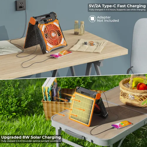 Miniatura 3 de KITWLEMEN Ventilador solar de campamento mejorado con linterna, ventilador de batería recargable, tiempo de funcionamiento máximo de 36 horas, 4